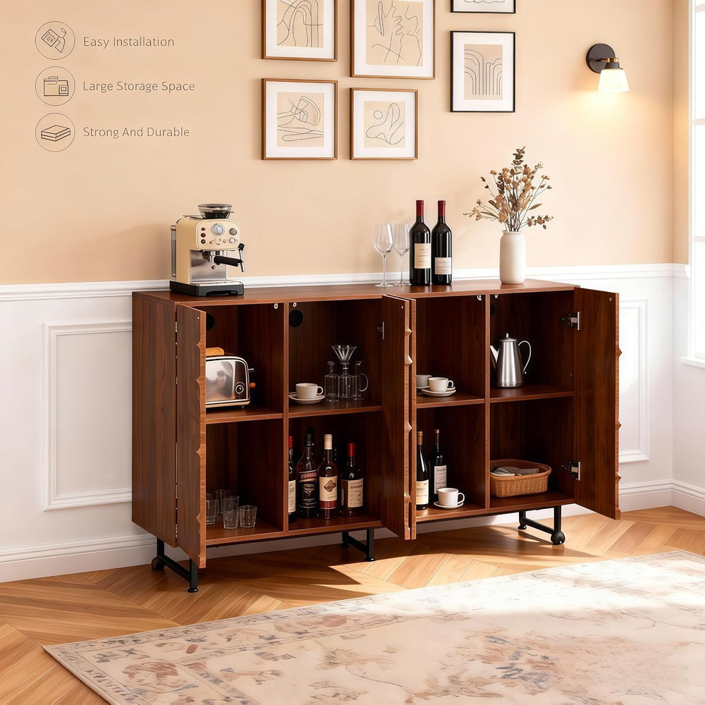 Modern Sideboard with Wave Relief Design, 59 Inch Solid Wood Storage Cabinet ...