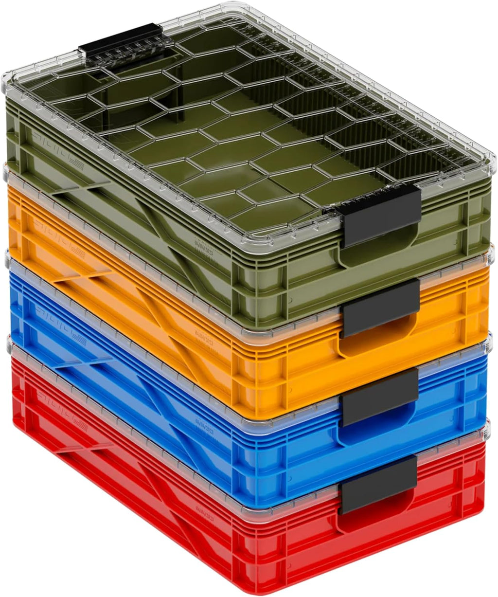 SIDIO Quarter Crate 4 Pack of Stackable Storage Bins - Organizer Bins with Dividers for Garage Organization, Home Storage - Heavy Duty Plastic Containers - 19.16” x 12.75”x 4.57” (Utility)