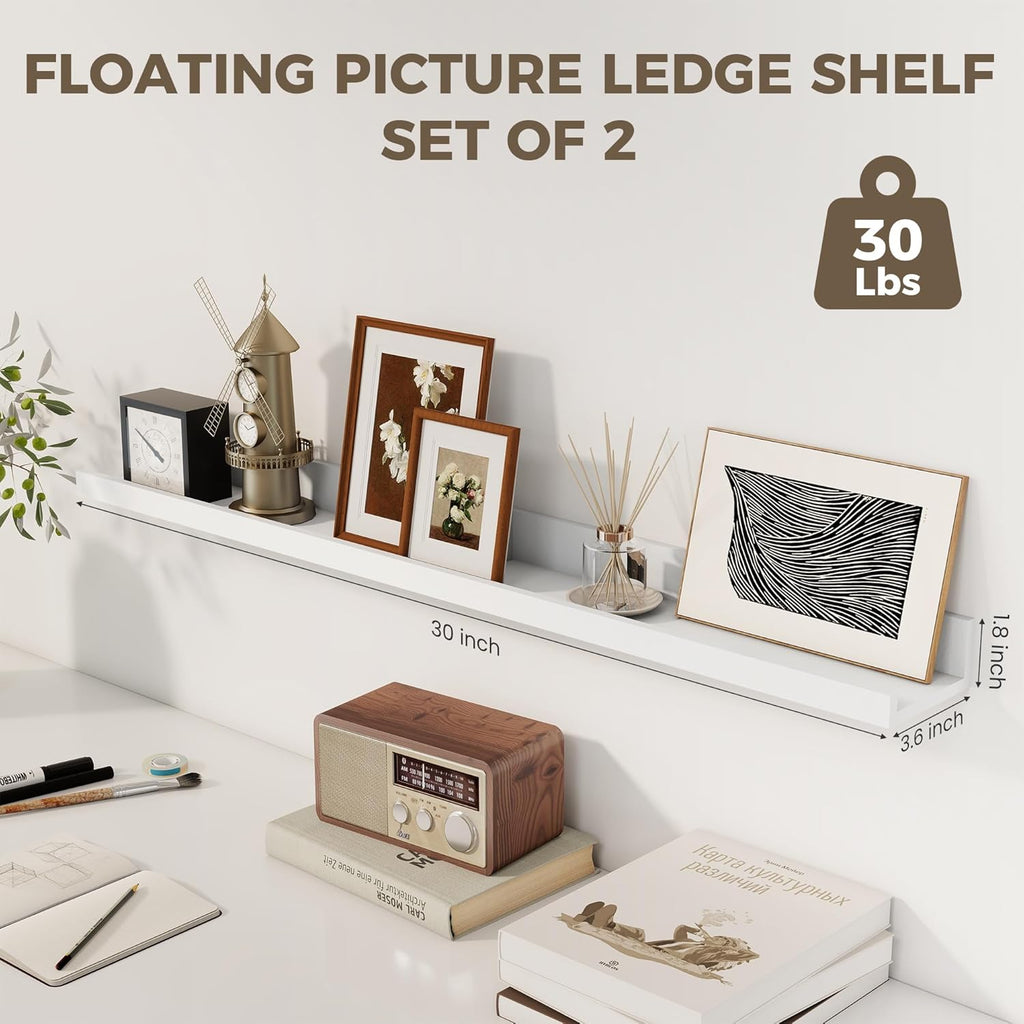 Axeman 30 Inch White Floating Shelves for Wall | Picture Ledge Shelf Set of 2 | Rustic Picture Shelf for Wall with Ledge | Floating Shelves with Lip | Photo Ledge Shelves for Books Album Records