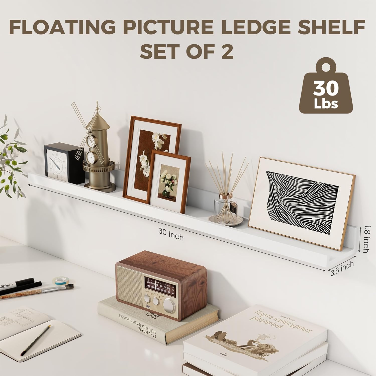Axeman 30 Inch White Floating Shelves for Wall | Picture Ledge Shelf Set of 2 | Rustic Picture Shelf for Wall with Ledge | Floating Shelves with Lip | Photo Ledge Shelves for Books Album Records