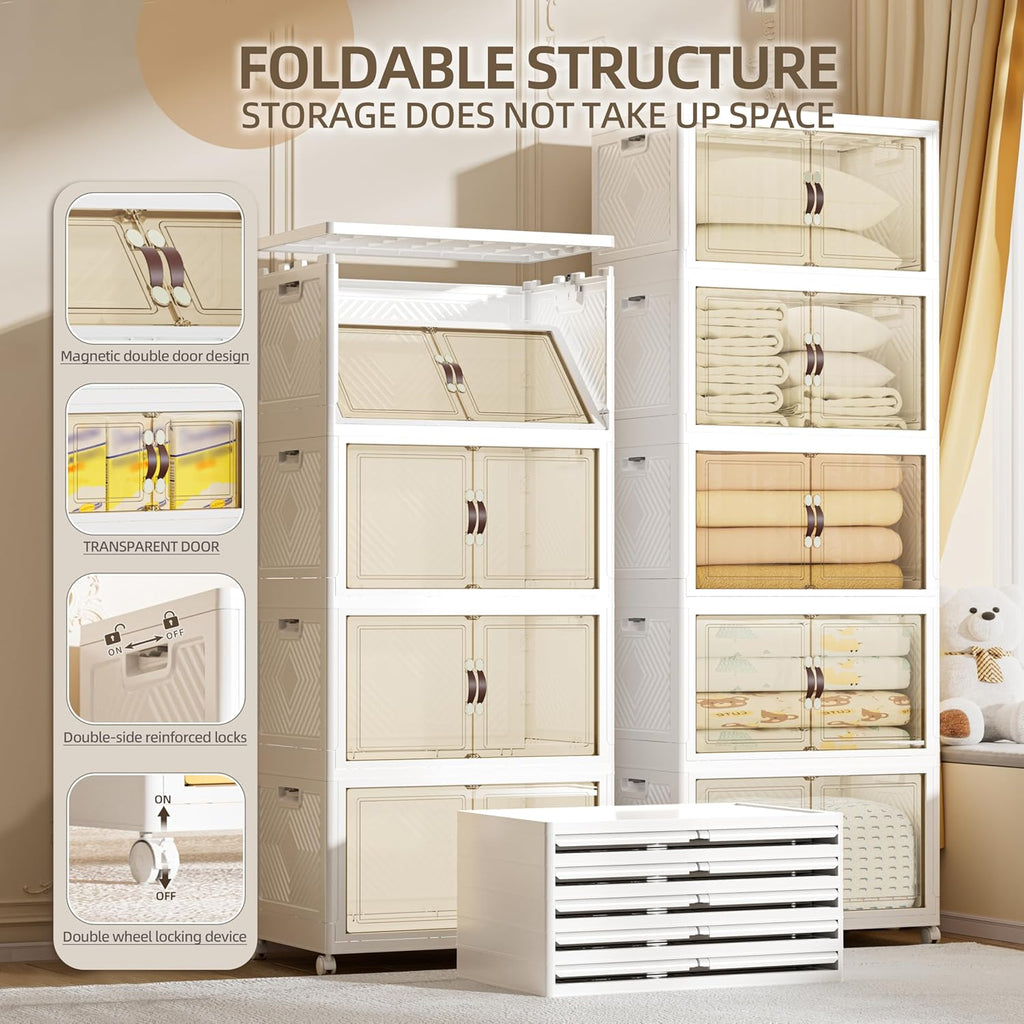 520 QT / 130 Gal Large Foldable Stackable Plastic Storage Cabinet with Double Magnetic Doors, Leather Handles & 4 Wheels - Organize Home, Office, Closet