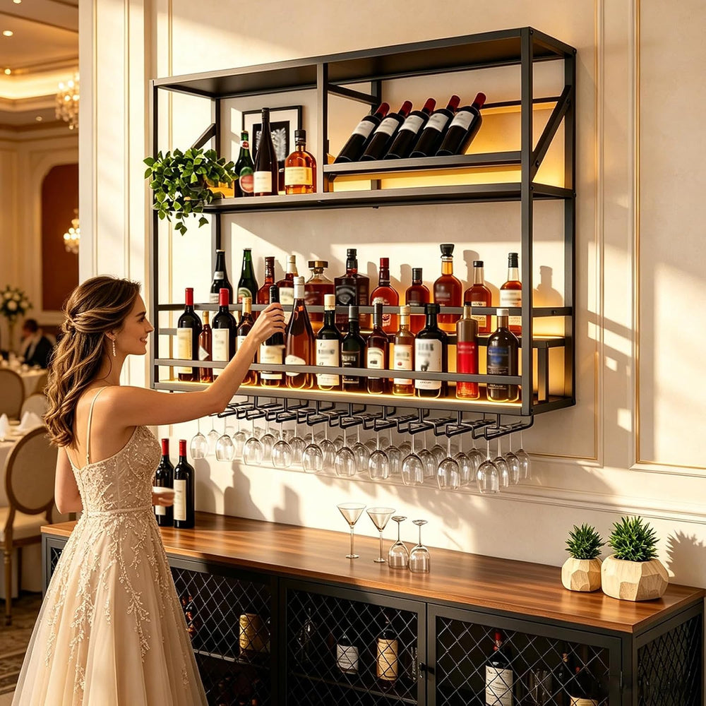31.5in Wall Mounted Wine Rack with LED Lights, Stepped 3-Tier Bar Shelf | Liq...