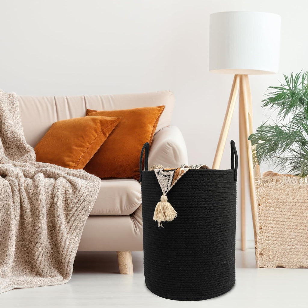 Woven Cotton Rope Laundry Basket, 15" x 20" Laundry Hamper, Black | Rope storage basket for dirty clothes, toys and blankets. Perfect for bathroom, baby nursery and living room storage.