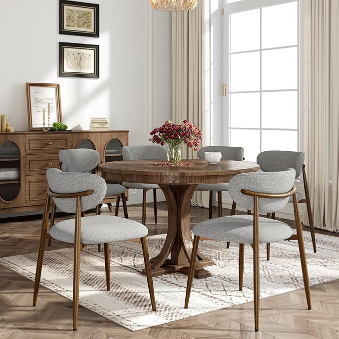 Dining Chairs Set of 6, Curved Back Kitchen Room Chairs with Metal Legs and Anti Slip Pads, Upholstered Dining Chair for Home and Restaurant, Light Grey