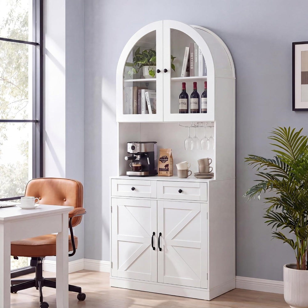 75" Tall Arched Kitchen Pantry Cabinet with Charging Station, Farmhouse ...