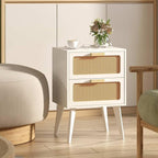 Rattan Nightstand, Wood End Table, Side Table with 2 Hand Made Rattan Decorated Drawers,Boho Bedside Table,Wood Accent Table with Storage for Livingroom, Bedroom, White CTG59W
