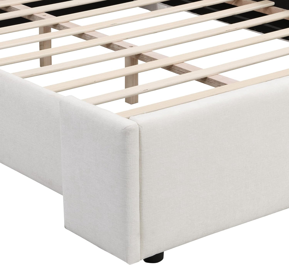 Queen Upholstered Platform Bed with Tall Wingback Headboard, White
