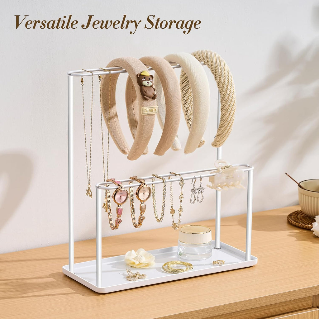 Headband Holder Organizer Metal 2-Tier with Tray: Hair Accessories Display Stand Storage Hairband Rack Necklace Stand Home Bedroom for Girls Women, White