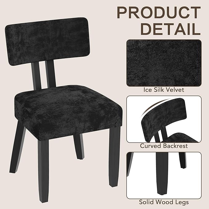 GOTMINSI Mid Century Modern Dining Chairs,Velvet Farmhouse Upholstered Kitchen Chairs, Accent Curved Backrest Dining Room Chairs with Hardwood Legs (Black, 4PCS)