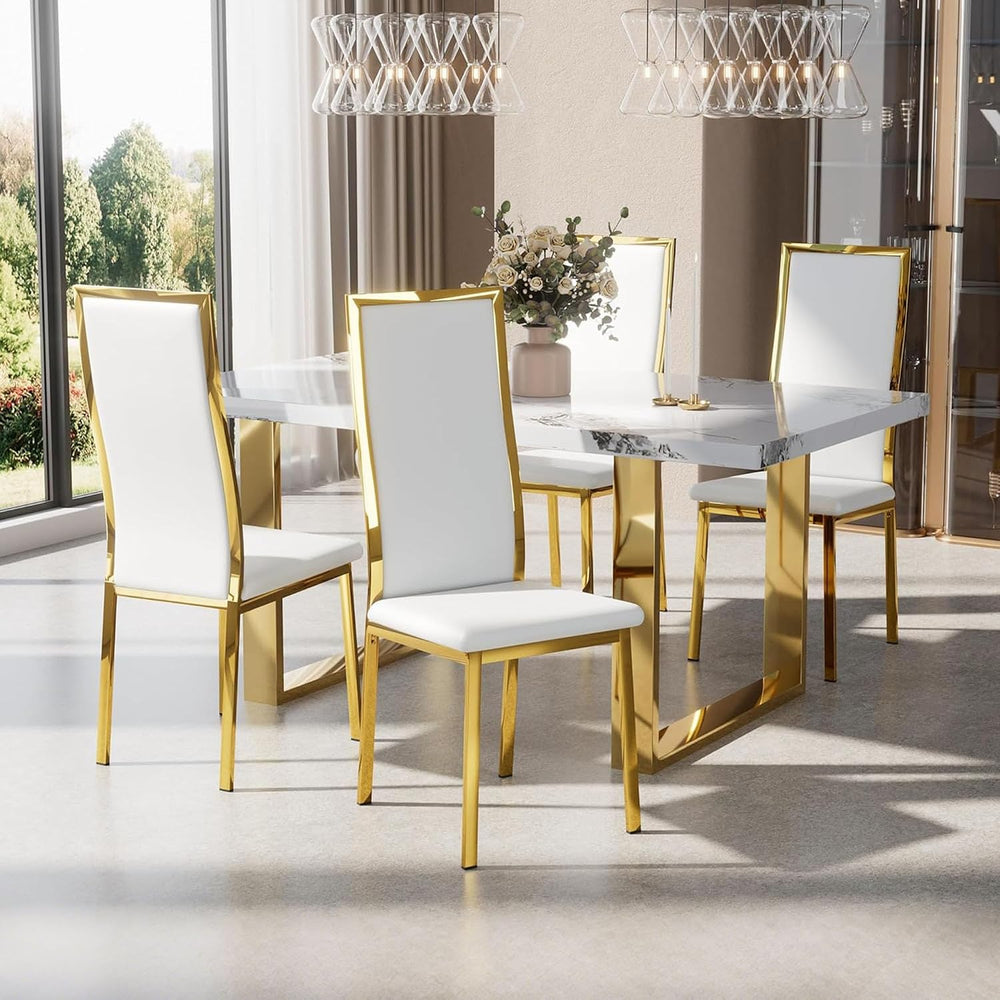 Modern Dining Chairs Set of 4 White Faux Leather with Chrome Gold Metal Legs,...