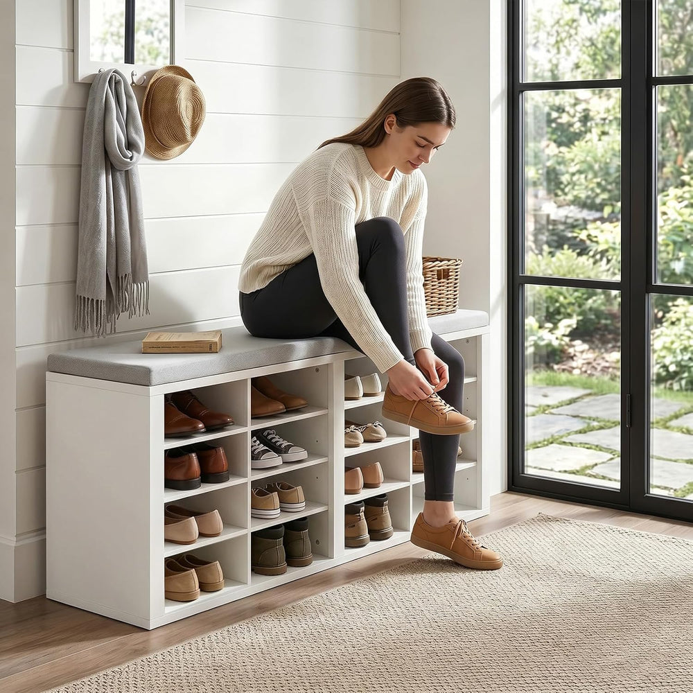 Shoe Storage Bench with Cushion Shoe Rack for Entryway 16 Cubby Multifunction...