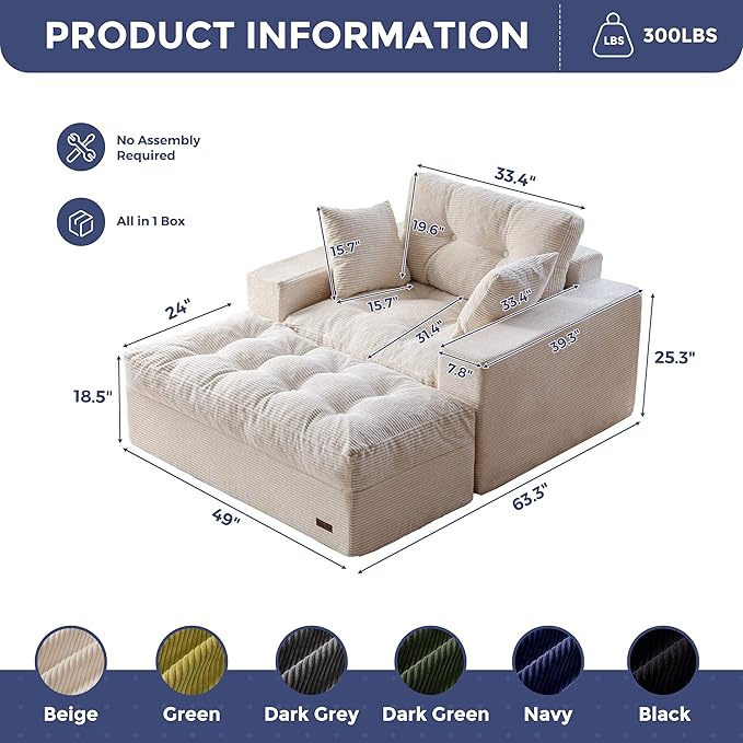 MAXYOYO Modular Sectional Chaise Lounge Sofa, Upholstered Lounge Chair with Ottoman, Comfy Couch with Layered Cushion, Tufted Upholstered Sleeper Chair for Living Room, No Assembly, Beige