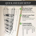 DECOLURE 5-Tier Adjustable Hanging Closet Organizer – Maximize Hanging Storage w/ 4 Hanging Hooks, 8 S Hooks & 5 Name Plates - Sturdy Foldable Wire Storage Hanging Shelves for Clothes, Towels (Black)
