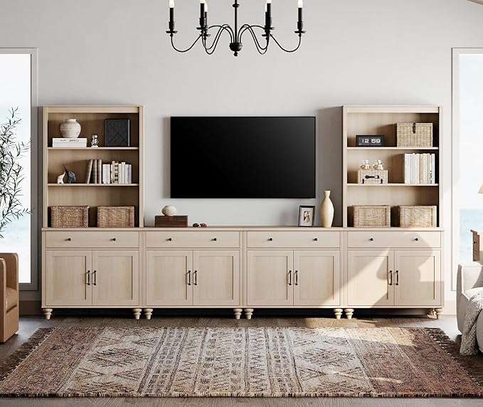 WAMPAT Entertainment Center with Bookshelves for TVs up to 75", Farmhouse Wall Unit TV Stand with 8 Doors & 4 Drawer, Media Console Table for Living Room, Bedroom & Home Theater, Beige