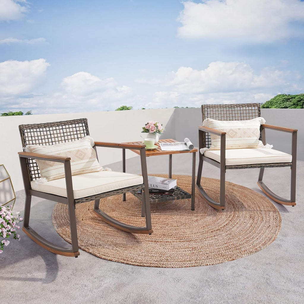 Verano Garden 3 Pieces Rocking Bistro Set, Conversation Bistro Set | Outdoor Chairs and Table Set, Wood Armrest, Soft Cushions, Small Porch Set, Balcony Set, Garden, Patio, Yard, Mix Brown