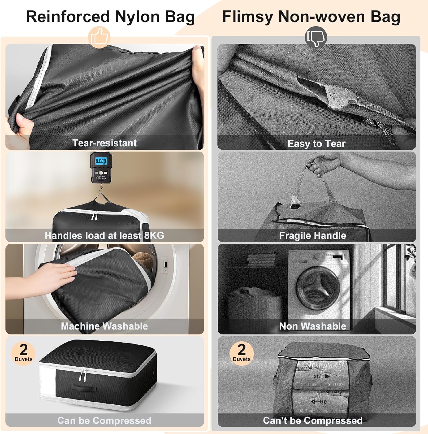 Comforter Storage Bag - Large Capacity Blanket Storage Bags 3-Layer Ultra Space Saving Self Compression Organizer, Washable Compression Bags for Storage Comforter Blanket, 8-Pack, Black