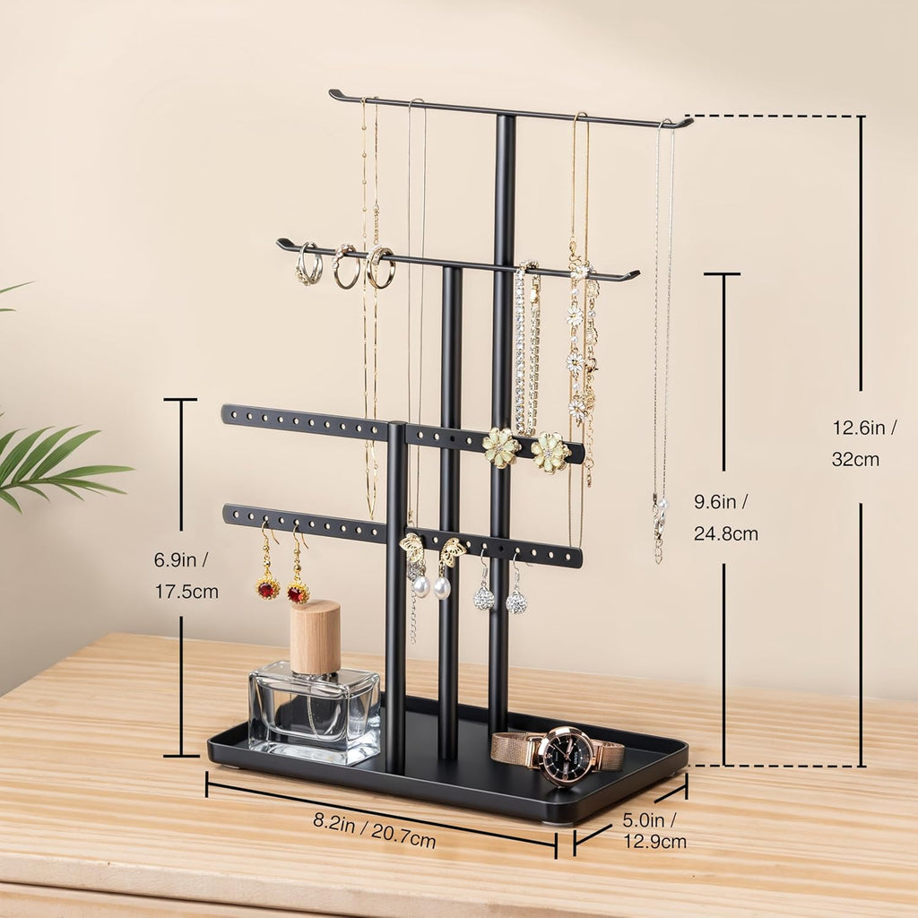 pickpiff Jewelry Stand Organizer, 12.5" Tall Sturdy Metal, 3-Tier Jewelry Holder for Necklace, Earring, Bracelet, Ring, Hanger for Display and Storage, Aesthetic Room Decor, Black