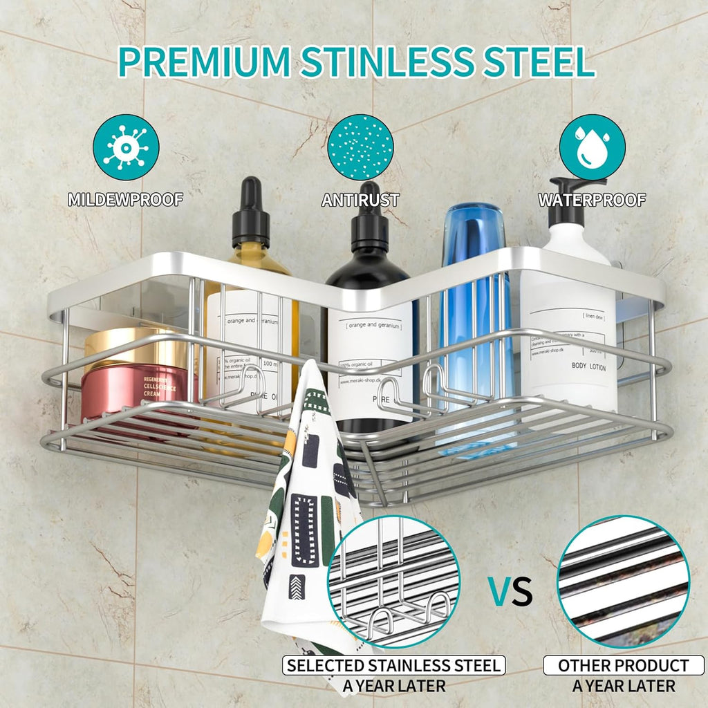 Yazoni Corner Shower Caddy, Adhesive Shower Shelves No Drilling [2-Pack], Rustproof Stainless Steel Bathroom Shower Organizer with 8 Hooks