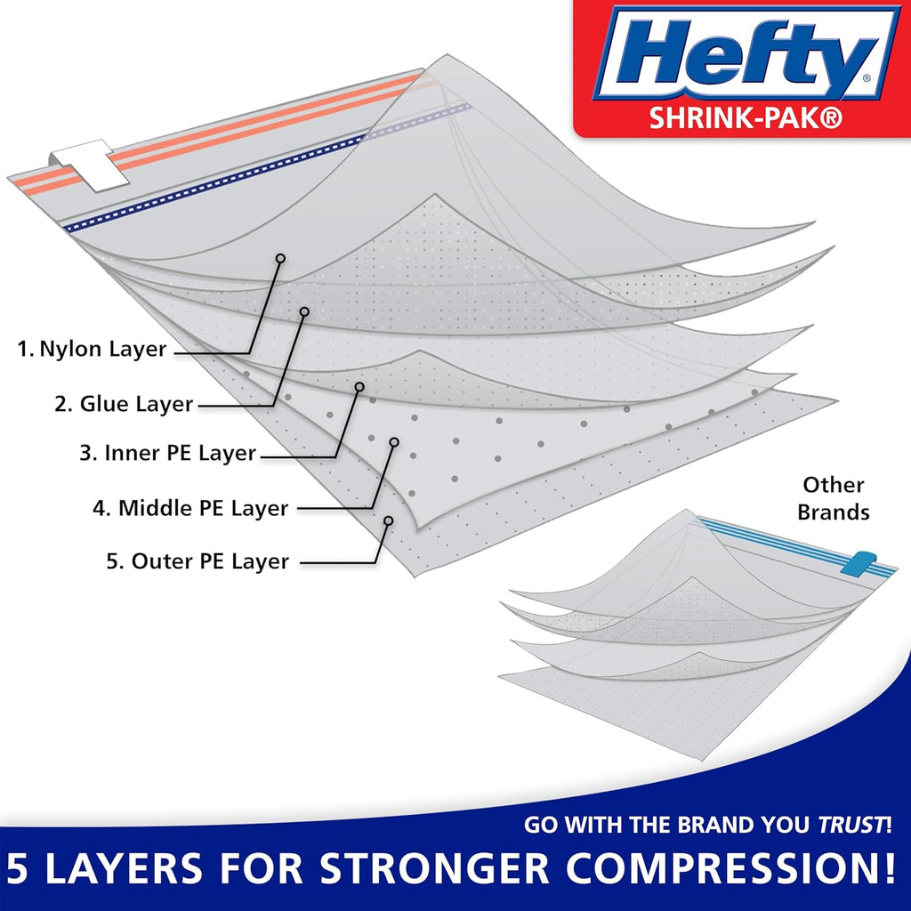 Hefty Vacuum Bags for Clothes 4 Pack, Space Saving Large Vacuum Storage Bags (34 X 22 Inches) Compression Seal for Bedding, Travel Pump Included (4 Large Heavy Duty)