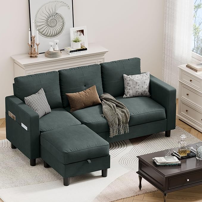 Vongrasig Convertible Sectional Sofa Couch, 3 Seat L Shaped Sofa with Removable Pillows Linen Fabric Small Couch Mid Century for Living Room, Apartment and Office (Black)