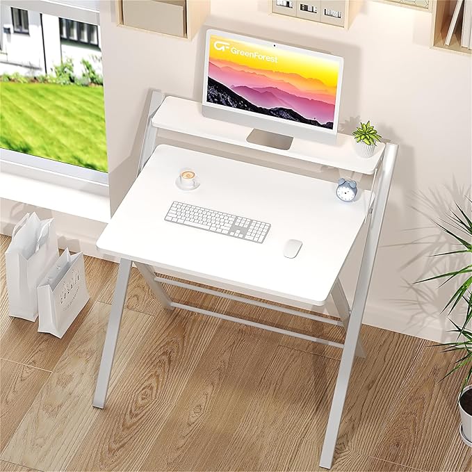 GreenForest No Assembly Folding Desk, 2-Tier Compact Computer Desk with Shelf, Space Saving Foldable Table for Home Office, Dorm or Apartment, Portable Collapsible Sturdy Laptop Desk, White