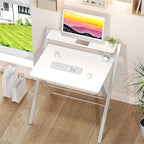 GreenForest No Assembly Folding Desk, 2-Tier Compact Computer Desk with Shelf, Space Saving Foldable Table for Home Office, Dorm or Apartment, Portable Collapsible Sturdy Laptop Desk, White