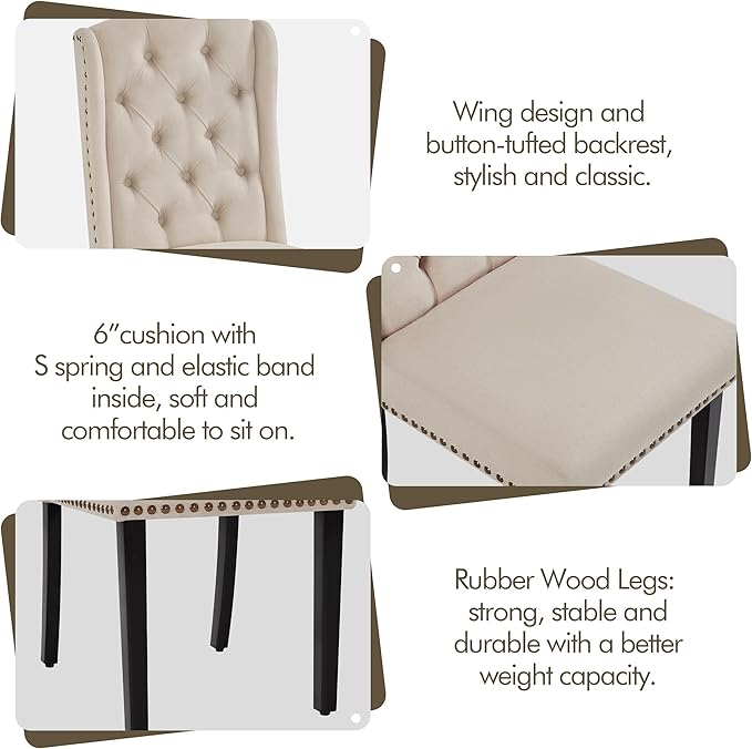 Yaheetech Upholstered Dining Chairs Set of 2 Button Tufted Kitchen Chairs with Solid Wood Legs and Nailhead Trims for Dining Room, Living Room, Restaurant, Beige