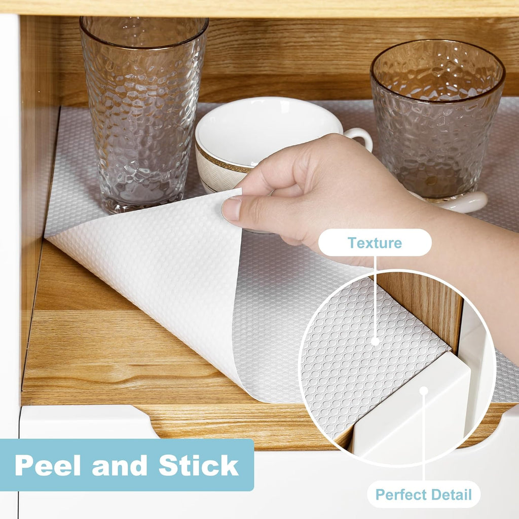 PABUSIOR Self-Adhesive Kitchen Cabinet Liner: 17.7 Inch x 145.5 Inch White Drawer Mat - Easy to Cut Waterproof Non-Slip Shelf Liner for Pantry Shelving