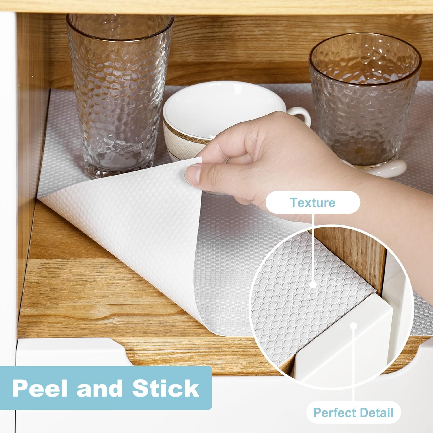 PABUSIOR Self-Adhesive Kitchen Cabinet Liner: 17.7 Inch x 145.5 Inch White Drawer Mat - Easy to Cut Waterproof Non-Slip Shelf Liner for Pantry Shelving