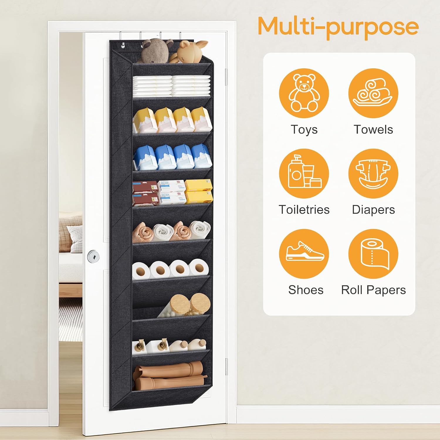 10 Tier Over the Door Shoe Organizer with Large Pockets, Hanging Shoe Rack for Closet Door Storage, Fits 20 Pairs of Sneakers Boots Hanger Holder, Black