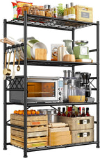 Storage Shelves 4-Tier Large Capacity Metal Shelving with Hooks, Heavy Duty Garage Shelving Unit with Leveling Feet, Stable Metal Shelves for Pantry, Kitchen and Closet,36" W x 12" D x 60" H, Black
