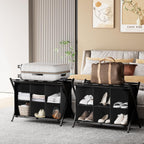 Huhote Luggage Rack for Guest Room, Folding Suitcase Stand with 6-Cube Fabric Storage Shelf, Luggage Holder, Steel Foldable Luggage Stand for Guest Room, Bedroom, Hotel, Black