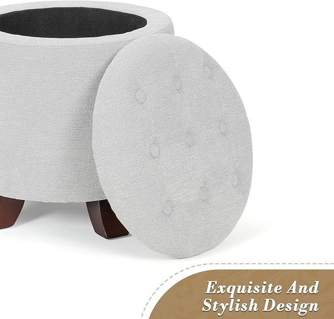 Athena Collection 15 Inch Small Ottoman with Storage, Round Linen Fabric Storage Ottoman Foot Rest with Removable Lid, Multipurpose Footstool Footrest for Living Room, Bedroom, Dorm, Grey
