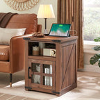 Farmhouse Nightstand with Charging Station, Rustic End Table with Tempered Glass Barn Door, Wood Sofa Side Bedside Table with Open Storage Shelf for Living Room, Bedroom, Brown
