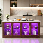 Kitchen Island with Storage, Faux Marble Island Table with RGB LED | Lights & Cabinet for Kitchen, Rolling Island Cart Modern Kitchen Island on Wheels for Dining Room, Home Bar, Walnut