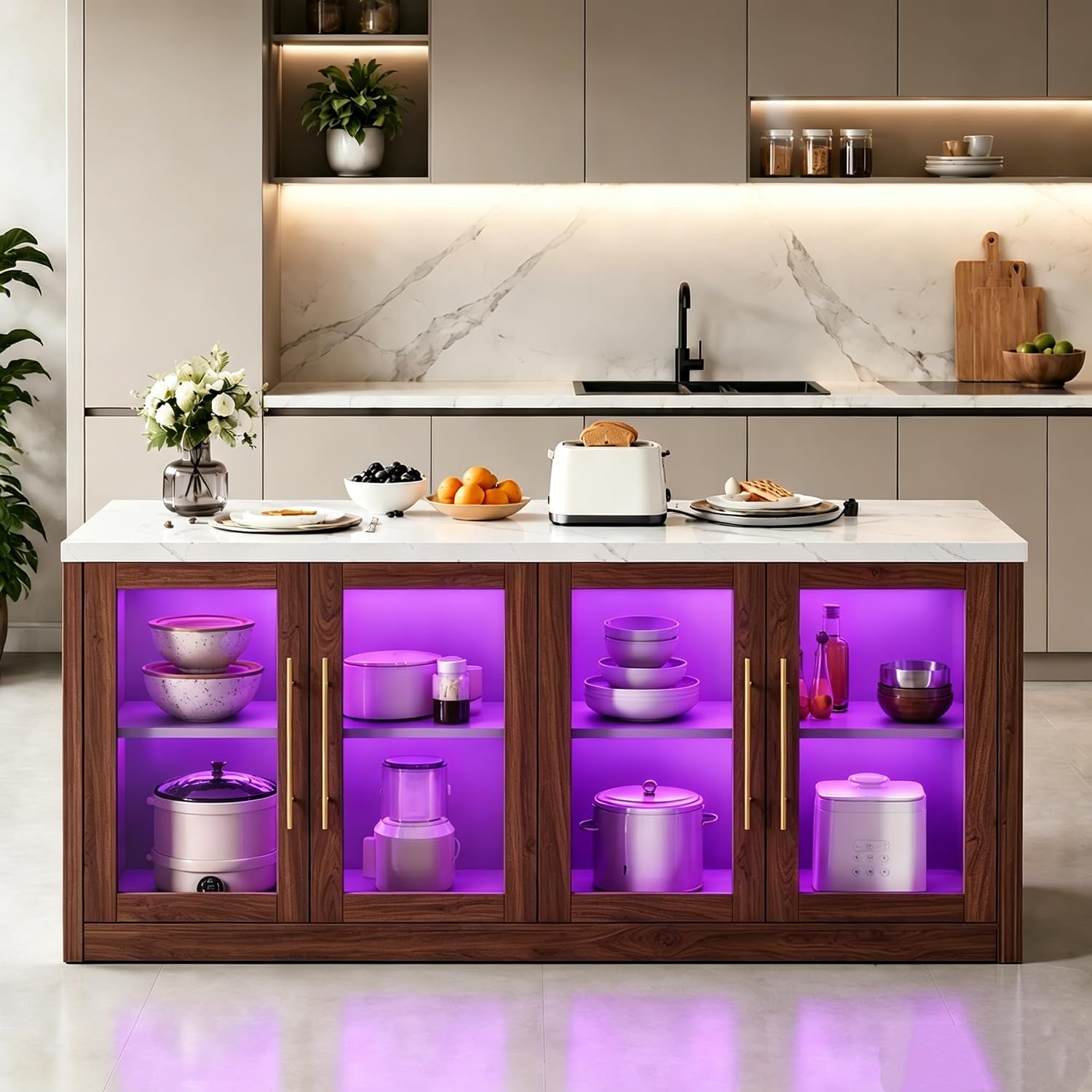 Kitchen Island with Storage, Faux Marble Island Table with RGB LED | Lights & Cabinet for Kitchen, Rolling Island Cart Modern Kitchen Island on Wheels for Dining Room, Home Bar, Walnut