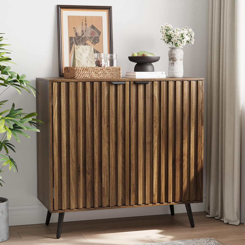Walnut Buffet Cabinet with Storage, Sideboard Cabinet with Fluted Doors and M...