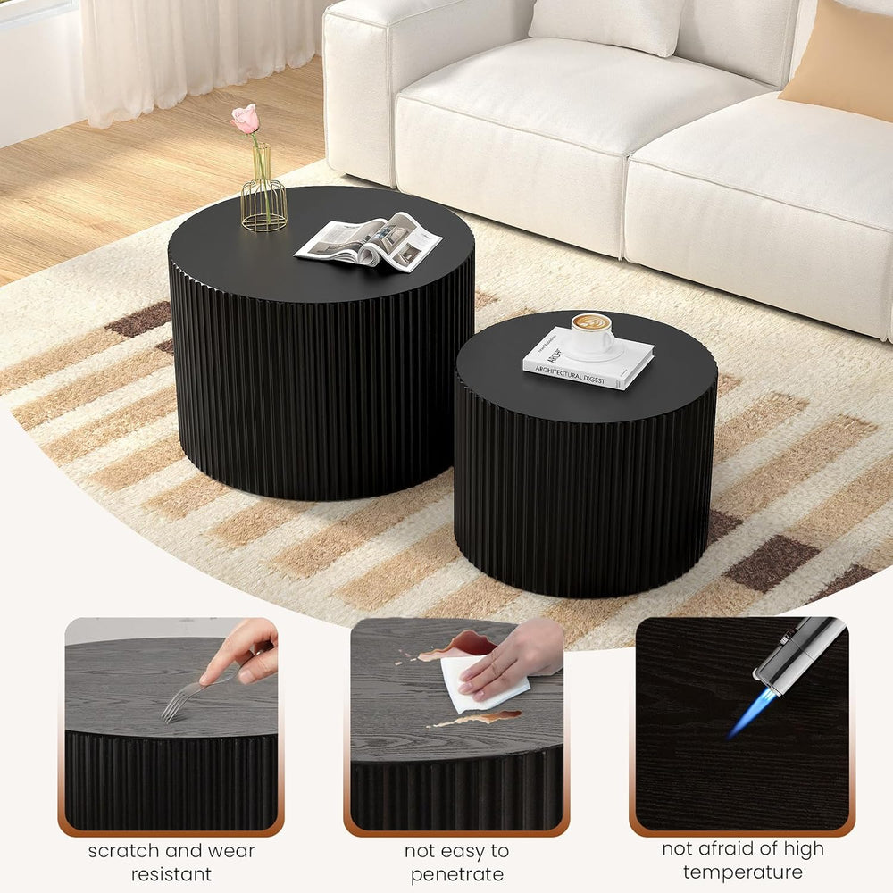Round Wood Coffee Table Set of 2 Nesting Coffee Tables Black 18.9 inch | Mode...