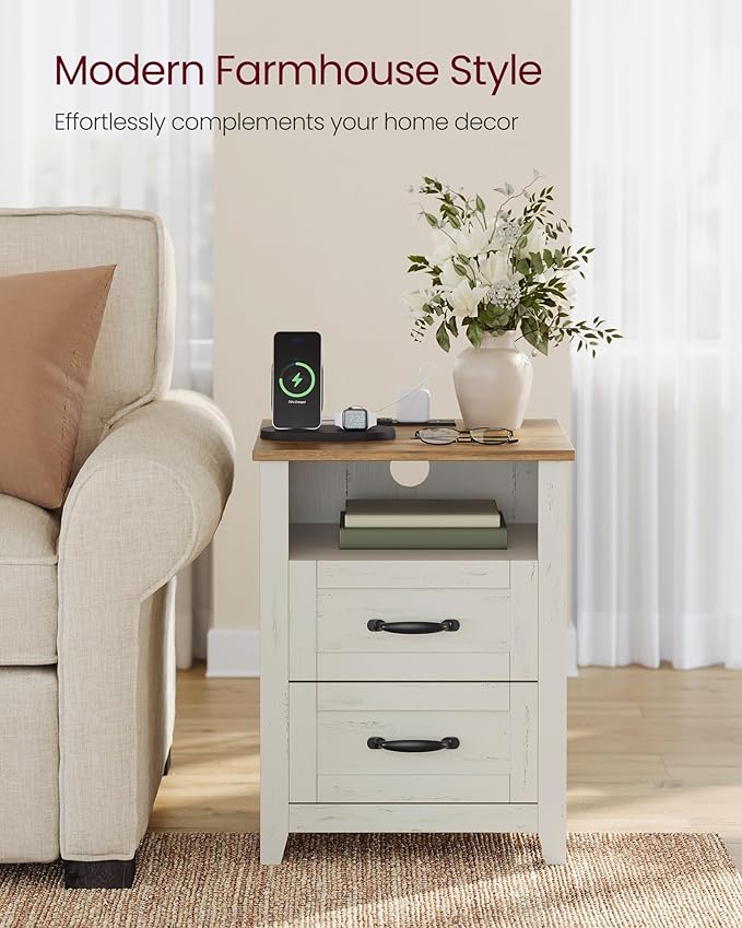 VASAGLE LIRY Collection - Farmhouse Nightstands with Charging Station, Set of...
