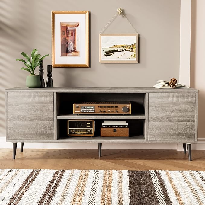 JUMMICO TV Stand for 65 Inch TV, Mid Century Modern TV Stand, Entertainment Center with Storage Cabinet and Open Shelves, TV Console Table Media Cabinet for Living Room, and Bedroom (Gray)