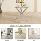 35" Round Glass Dining Table Set for 4, Modern Glass Dining Table Set with Velvet Woven Chairs, Beautiful 5-Pieces Furniture Set Suitable for Dining Room, Kitchen, Apartment and Home, Silver & Grey