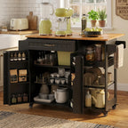 Gizoon 41.7" W Kitchen Island with Storage, Kitchen Island with Drop Leaf | Rolling Dining Cart with Foldable Countertop, 5 Wheels, Refrigerator Door, Adjustable Shelf Spice/Towel Rack, Black