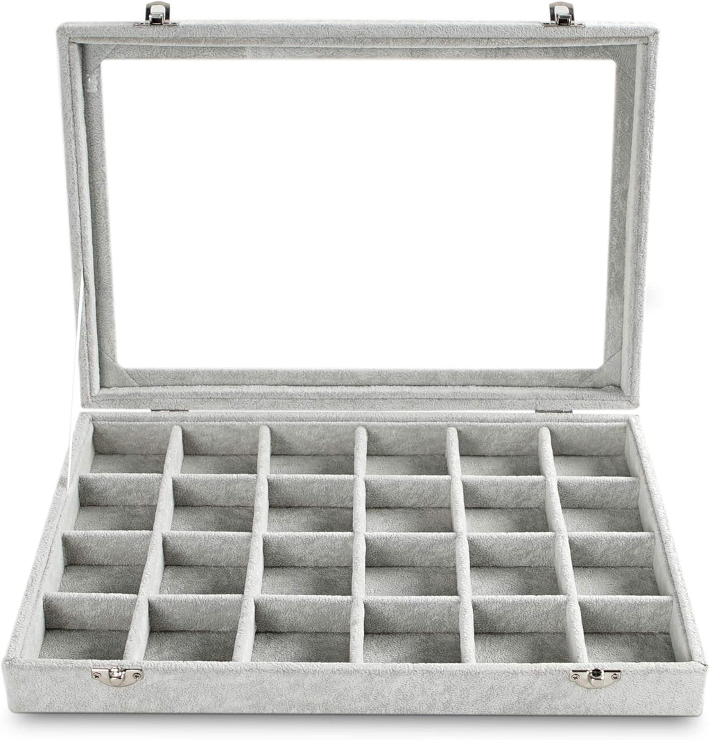Frebeauty 24 Grid Earring Holder Organizer Tray, Jewelry Organizers and Storage for Drawer,Velvet Jewelry Display Storage for Earrings,Rings,Studs,10.5 x 6.5 x 1.2 Inches Gift for Women (Grey)