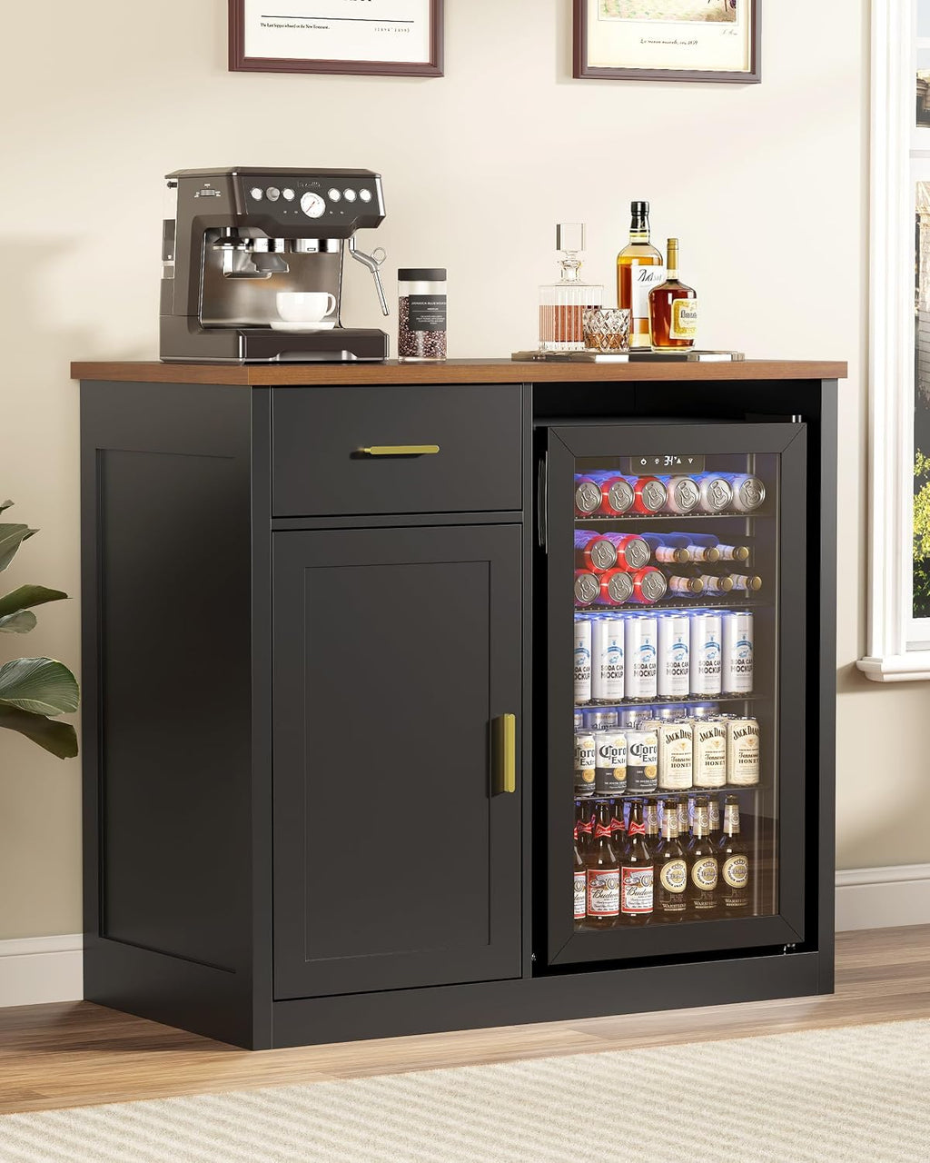 39" Mini Fridge Cabinet, Coffee Bar with Mini Fridge Space, Black | Coffee Bar Cabinet, Mini Fridge Compatible, Drawer Storage, Adjustable Shelf, Wood Grain Countertop, Living Room or Home Bar