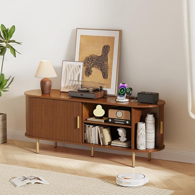 DHH 55 Inch Mid Century Modern TV Stand with Power Outlet for TVs up to 60 Inch, Entertainment Center with Storage and Adjustable Shelves, Media Console with Sliding Doors for Living Room(Walnut)