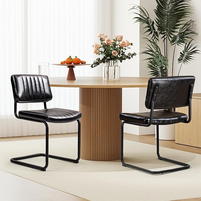 Cantilever Dining Chairs Set of 2, Mid Century Modern Dining Chairs with Black Metal Legs, Upholstered Leather Kitchen Chairs, Armless Cantilever Chair for Kitchen & Living Room, Black