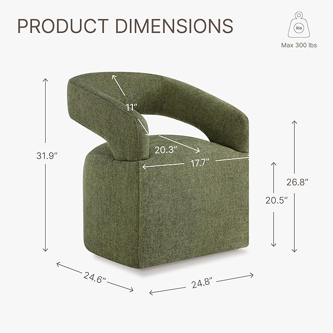 Upholstered Dining Chairs with Casters, Modern Barrel Side Armchair with Rollers for Dining Room, Bedroom, Kitchen, Reading Room, Green, Set of 1