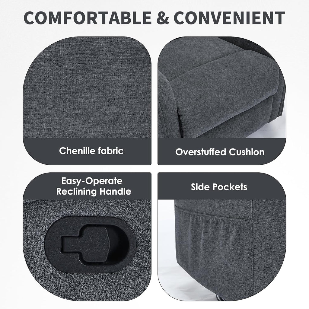 Trustyue Swivel Rocker Recliner Chair, 360° Swivel Recliner with Heat and Massage, Rocker Recliner Nursery Glider Chair with Side Pockets for Living Room (Grey, Fabric)