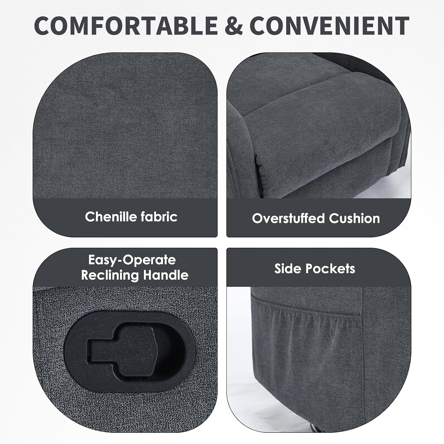 Trustyue Swivel Rocker Recliner Chair, 360° Swivel Recliner with Heat and Massage, Rocker Recliner Nursery Glider Chair with Side Pockets for Living Room (Grey, Fabric)