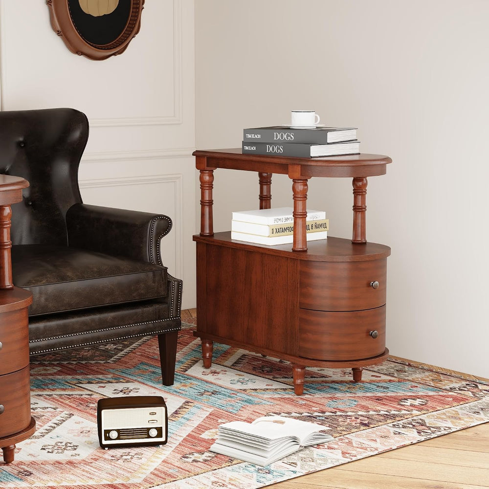Narrow End Side Table With 2 Drawers and Storage Shelf, Slim Side Tables, Far...